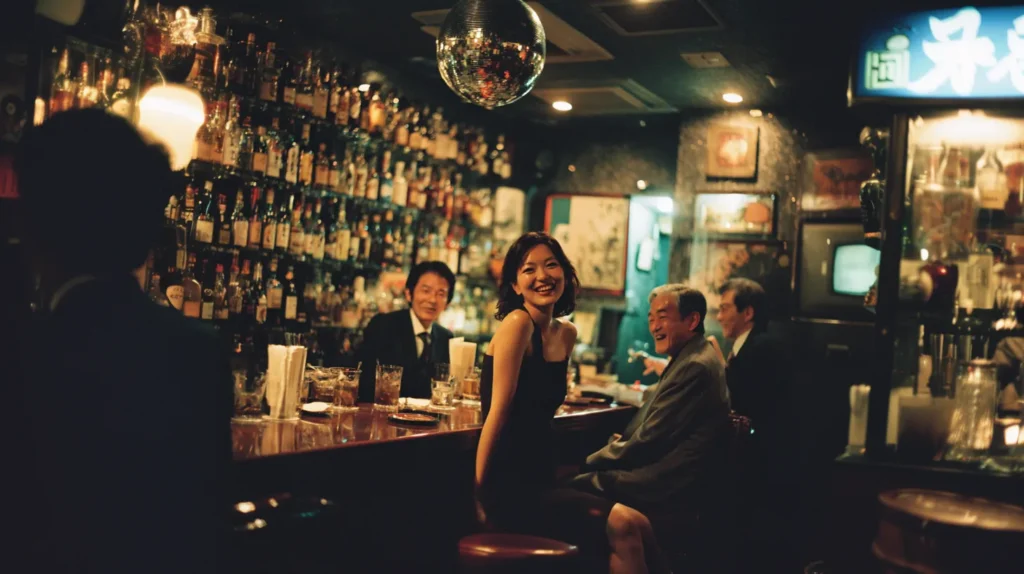 夜のスナックでカウンター越しに会話を楽しむママと常連客の様子