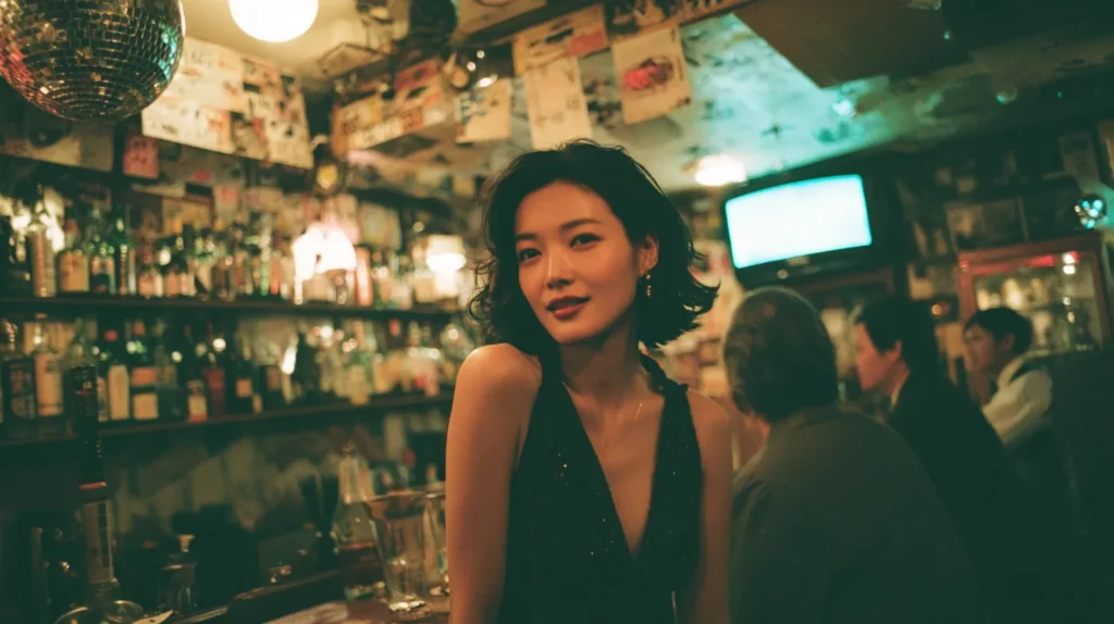 スナックで働く女性スタッフとカウンター席の客の様子