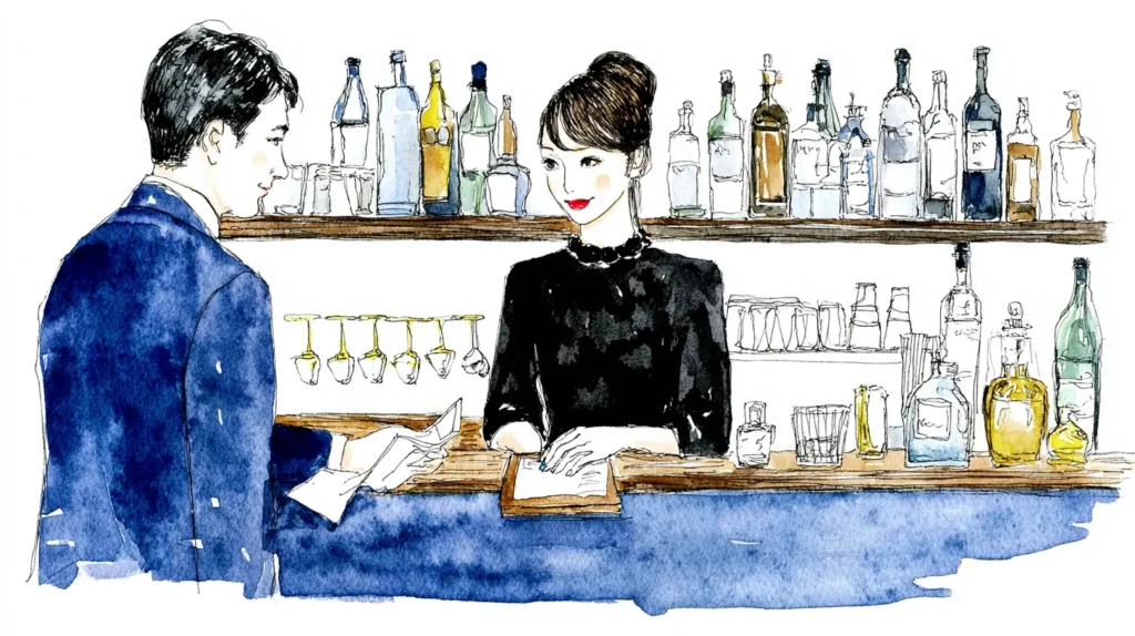 スナックで会計をする男性とカウンター越しに対応する女性スタッフの水彩イラスト