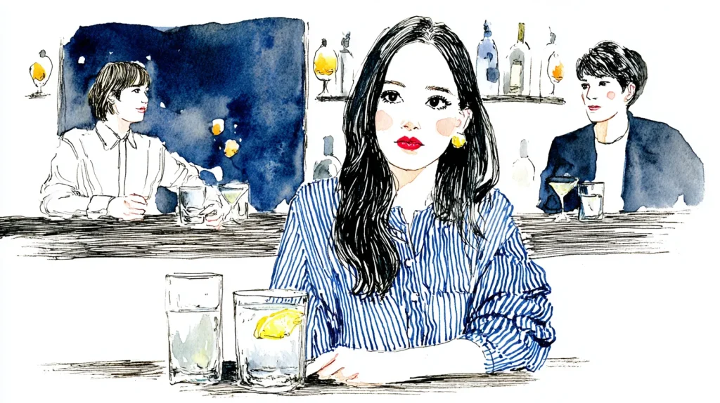 スナックのカウンターで一人飲みをする女性のイラスト。スナックにハマる心理を表現