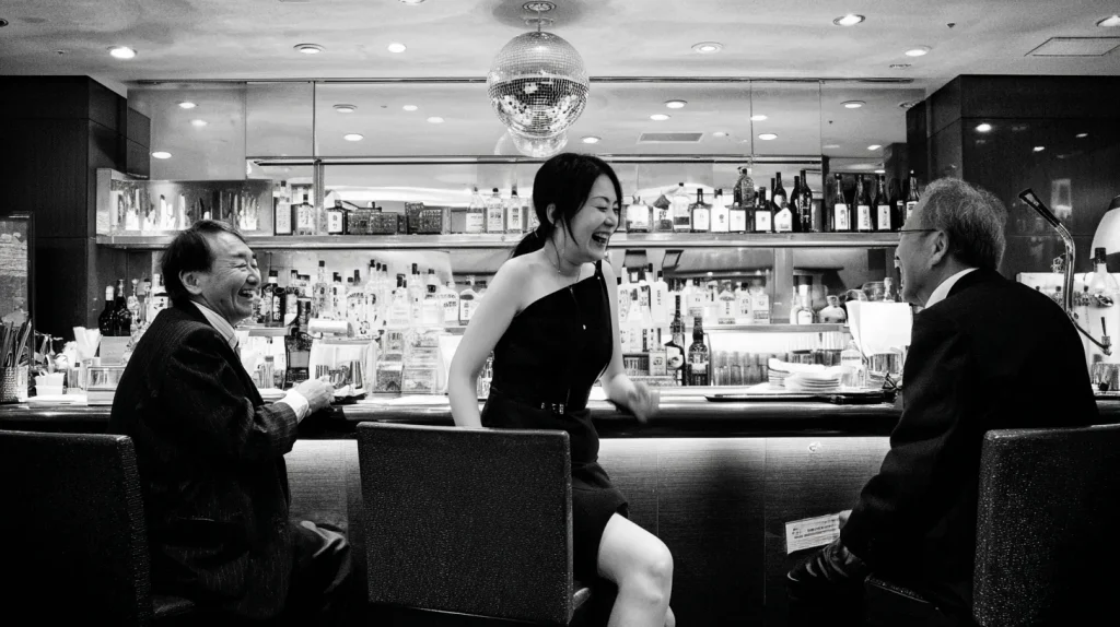 スナックのカウンターでママと常連客が会話して盛り上がっている夜の店内