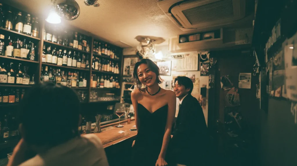 スナックのカウンターで接客するドレス姿の女性スタッフ