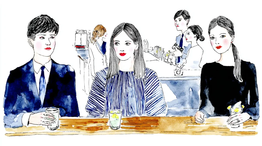 日本のスナックのカウンターで静かに会話を楽しむ客たち