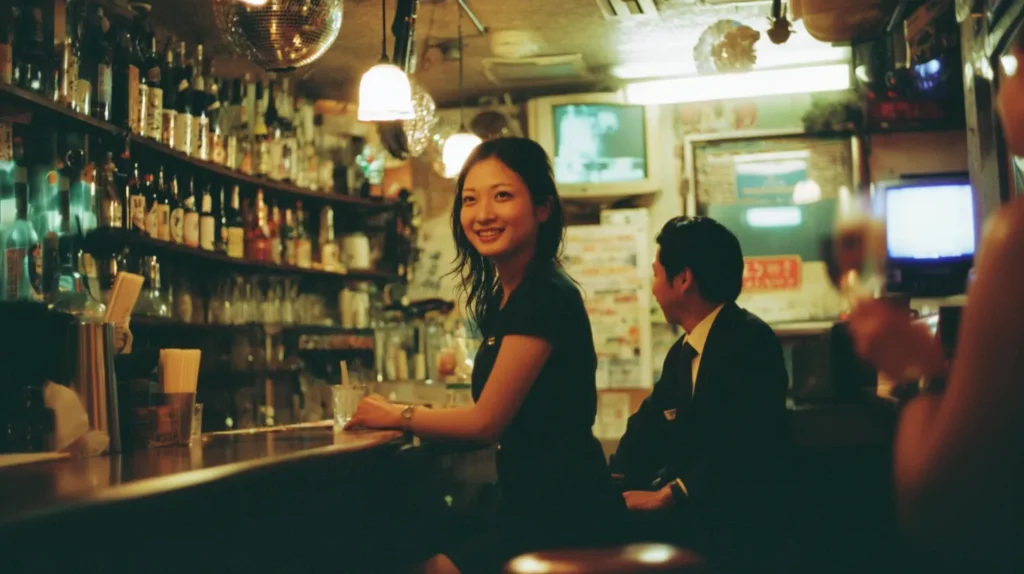 スナックのカウンターで一人飲む女性と、後ろに男性客がいる温かい照明の店内風景