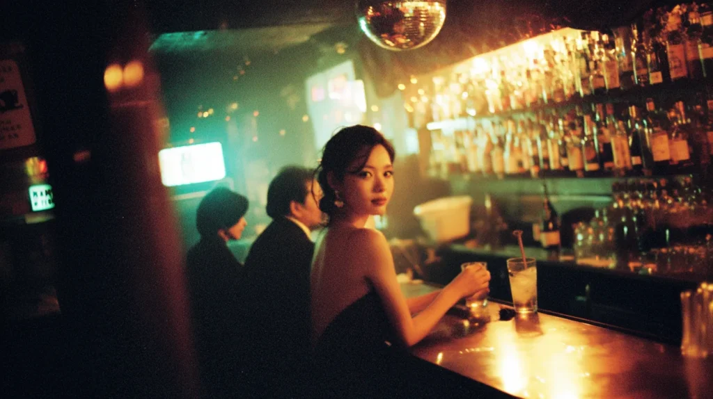 スナックのカウンターでお酒を飲みながら店内を見渡す女性客