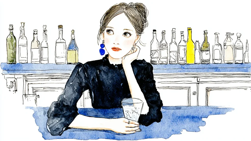 スナックのカウンターでお酒を飲む女性客のイラスト