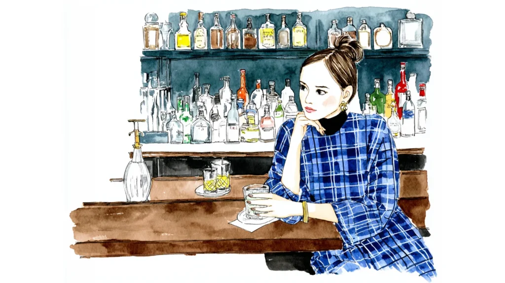 スナックのカウンターで一人飲みをする女性のイラスト