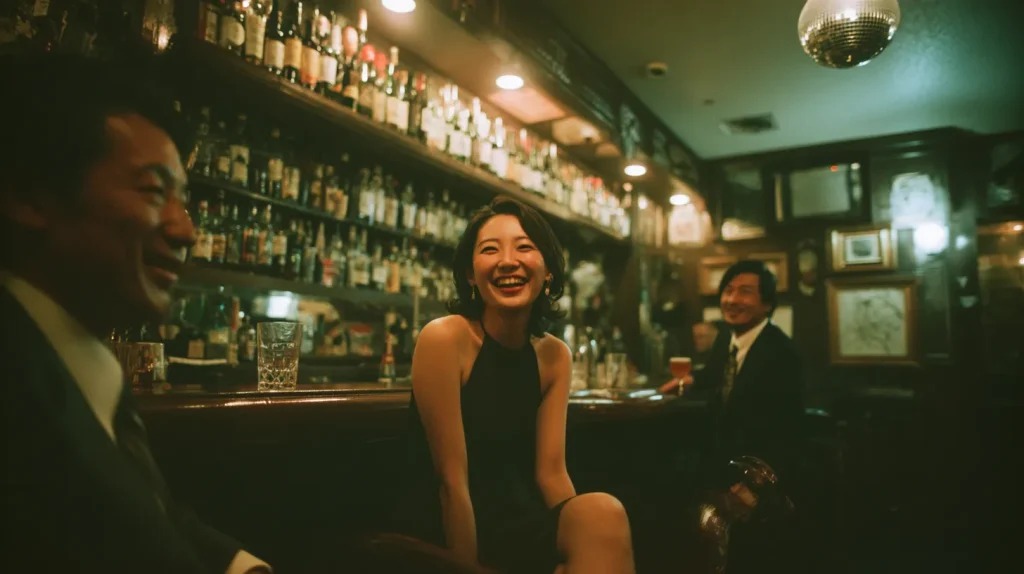 夜のスナックでカウンター越しに会話する40代女性ママと男性客の雰囲気