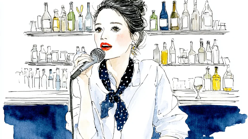 スナックのカウンターで女性がマイクを持ちカラオケを歌っている水彩イラスト