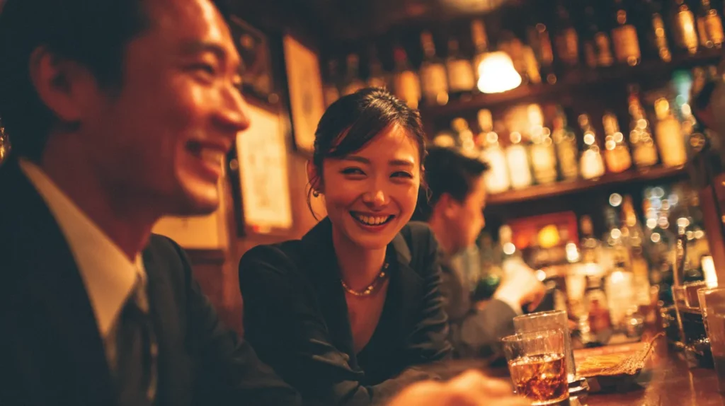 バーのカウンターで男性と会話しながら微笑む女性