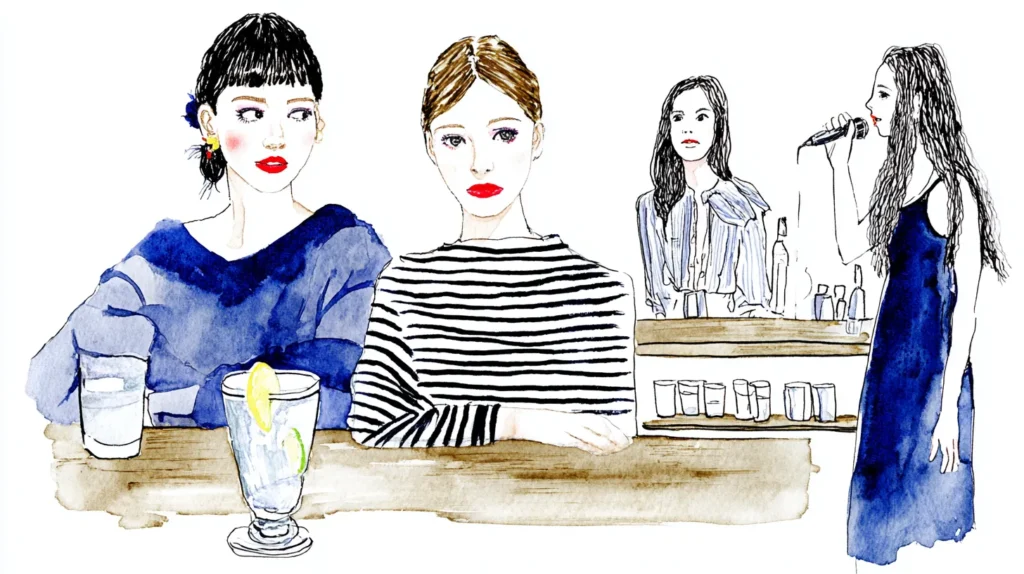 スナックで働く女性とカウンター席の客を描いたイラスト