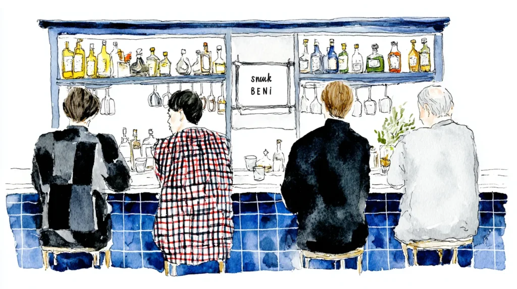 スナックBENIのカウンターに並んで座る男性4人の後ろ姿を描いた水彩イラスト