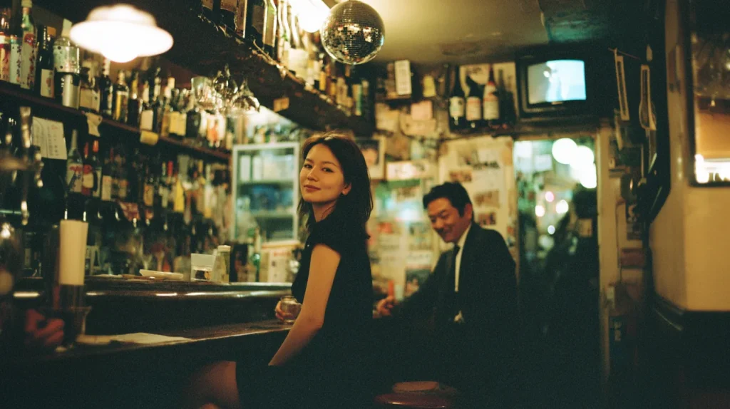 スナックのカウンターで会話を楽しむ客とママ。夜のバーで自然に本音が出る雰囲気