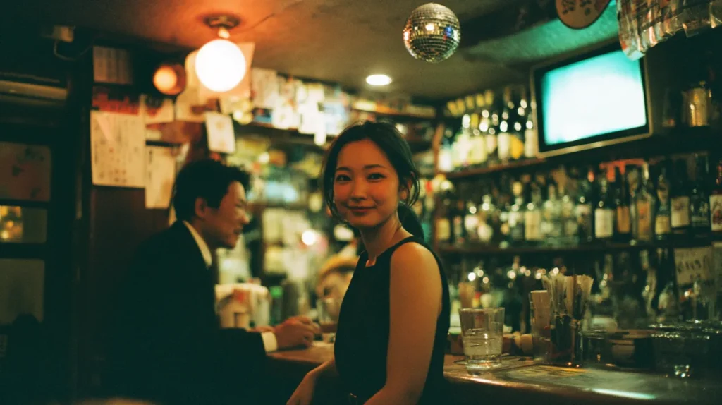 夜のスナックのカウンター席で自然にくつろぐ女性。居心地の良い空間を象徴する店内風景