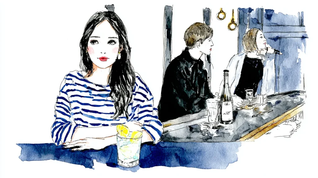 スナックのカウンターで飲む客を描いた水彩イラスト。落ち着いた居心地の良いバー空間