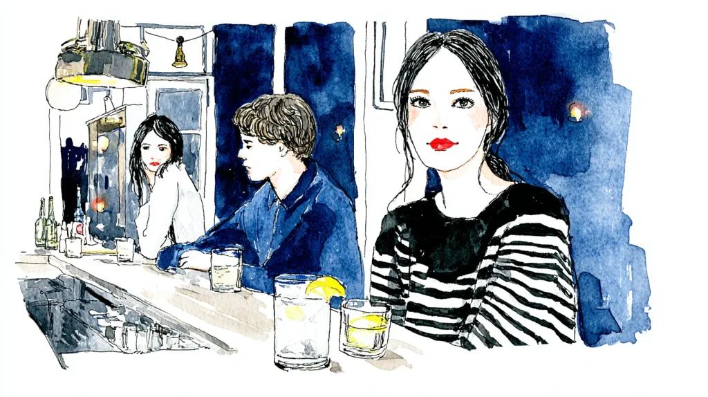 水彩イラストで描かれたスナックのカウンターと常連客の夜の風景