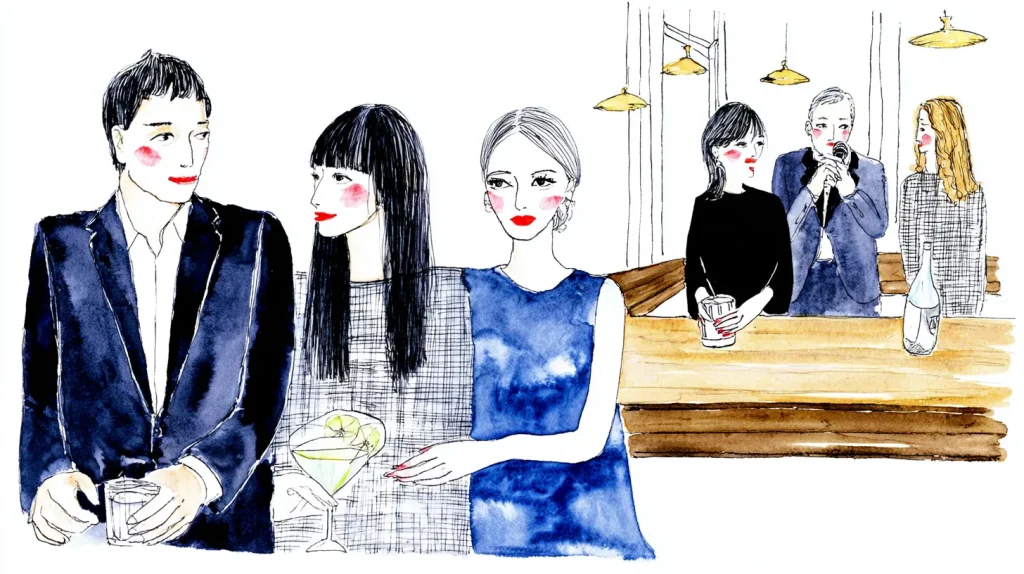 スナックのカウンターで会話する男女と常連の雰囲気