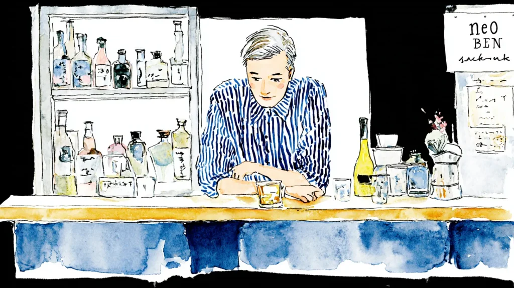 スナックのカウンターで一人静かに飲む男性のイラスト。本音を話してしまう夜の心理を表現