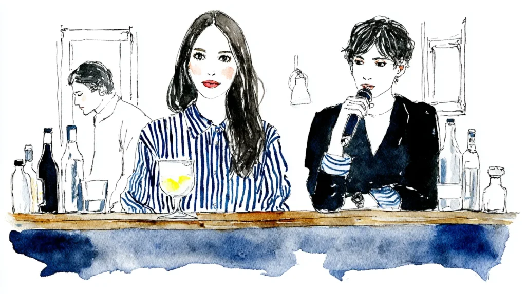 スナックのカウンターで静かに飲む女性と、マイクを持つ女性。距離感と空気の違いを表現したイラスト