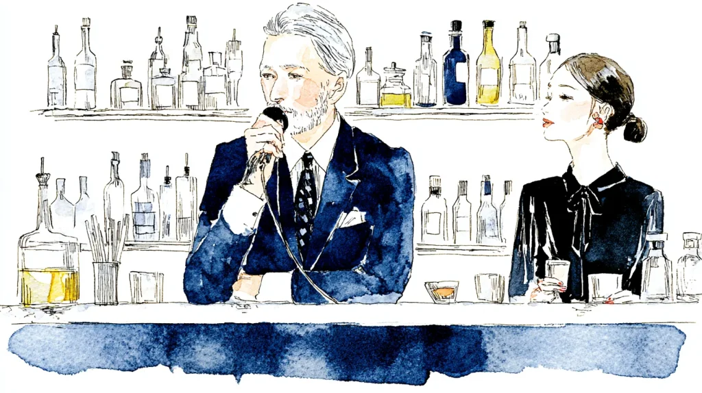 スナックのカウンターでマイクを持つ男性と隣で見守る女性の水彩イラスト