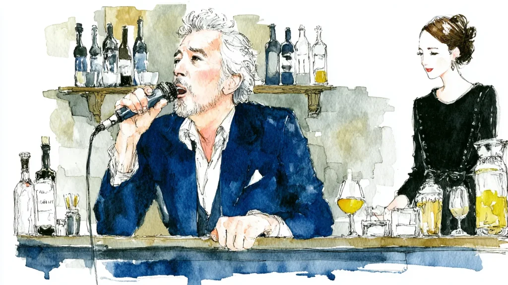 スナックでカラオケを歌う男性客とカウンター内のママ