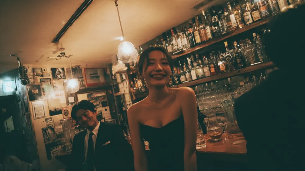 スナックで談笑する女性と男性客、にぎやかな夜のカウンター風景