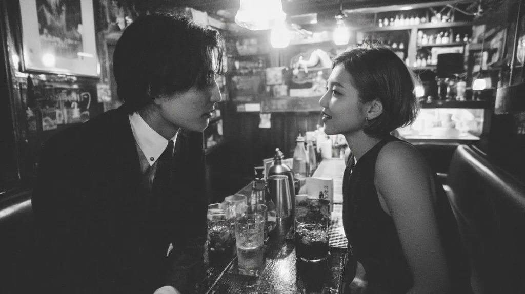 スナックのカウンターで男女が距離を近くして会話する大人の雰囲気