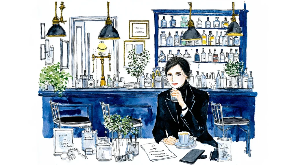 落ち着いたバーのカウンターで飲み物を手にするスナックのママの水彩イラスト