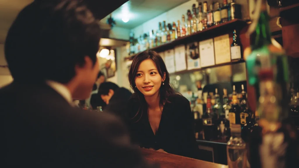 スナックのカウンターでママが男性客と会話をしている夜の店内風景