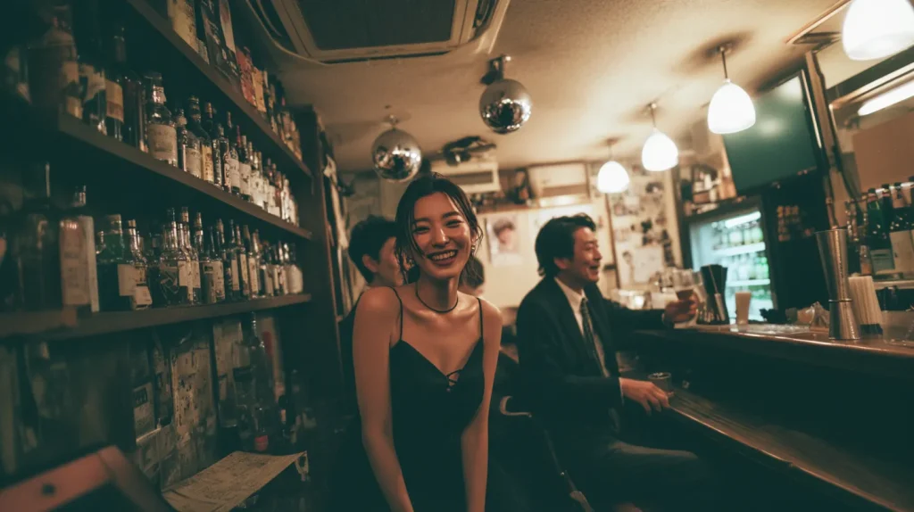 スナックのカウンターでママと客が笑いながら会話している店内の雰囲気