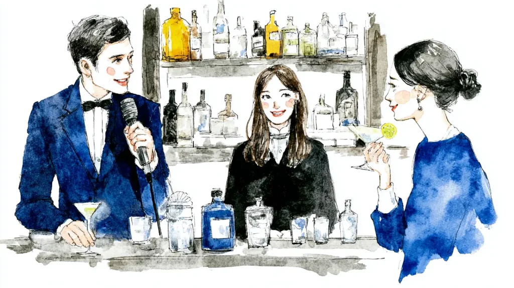 スナックのカウンターでお酒を飲みながら考え事をするママのイラスト