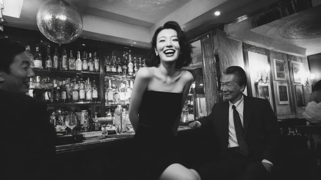 スナックのカウンター内に立つ女性ママと常連男性客のモノクロ写真