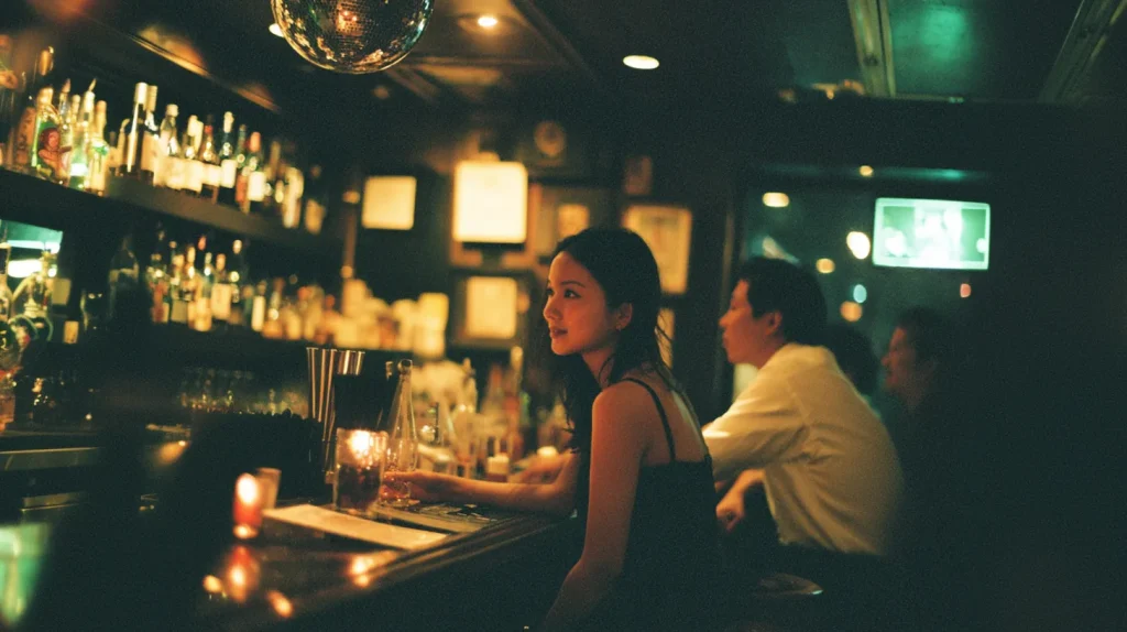 夜のスナックのカウンターでくつろぐ女性客と男性客。本音の会話が生まれる落ち着いたバーの空間