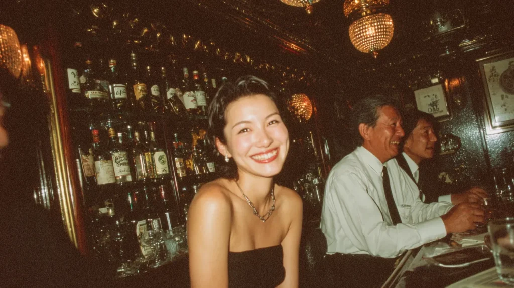 スナックで常連客とリラックスした雰囲気で笑顔を見せる女性