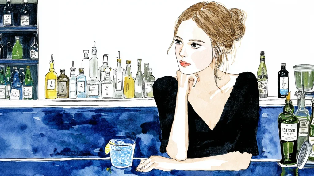 カラオケのない落ち着いたスナックのカウンターで静かに飲む女性