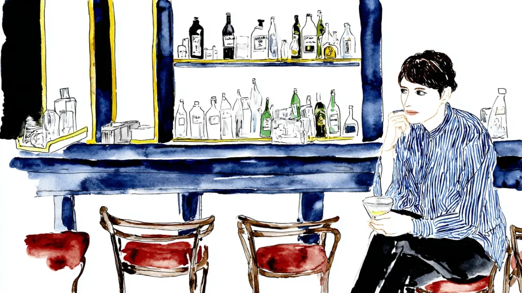 スナックのカウンターで一人飲みをする女性のイラスト 静かな時間と夜の癒しを表現