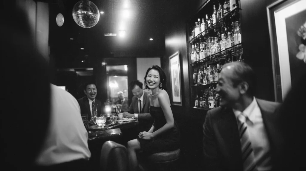 行きつけのスナックでママと常連客が笑いながら会話している様子