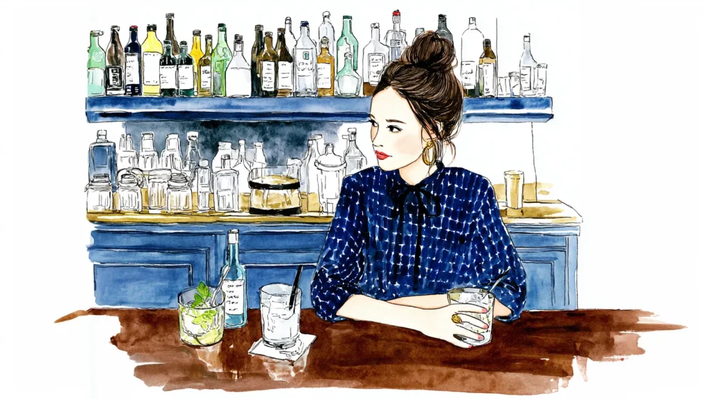 スナックのカウンターでお酒を飲む女性客のイラスト
