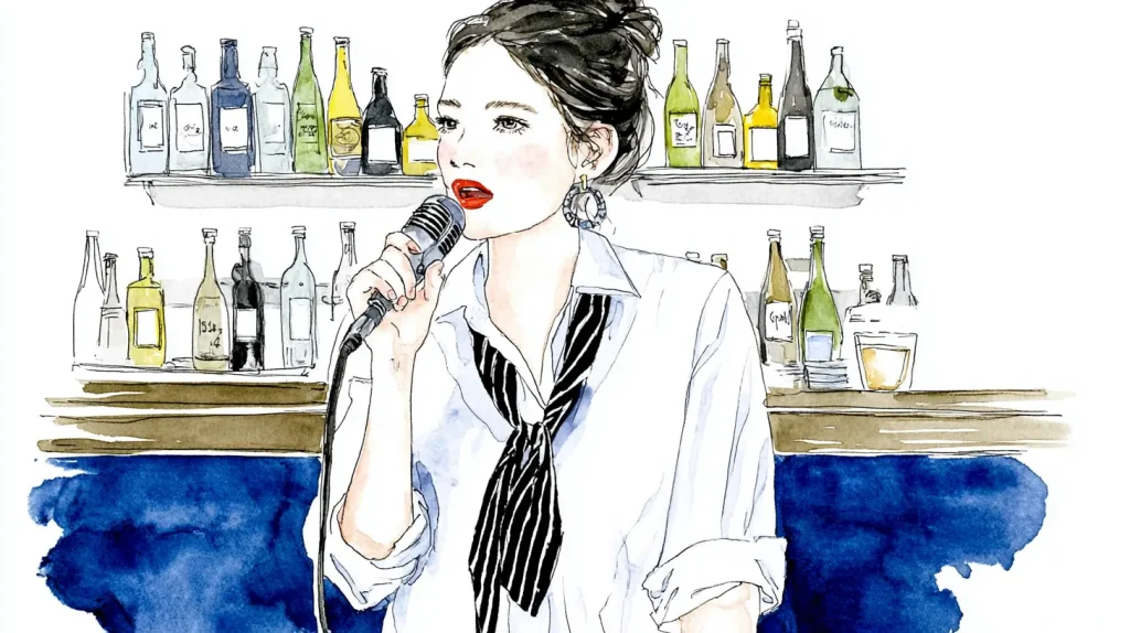 スナックでカラオケを歌う女性客のイラスト