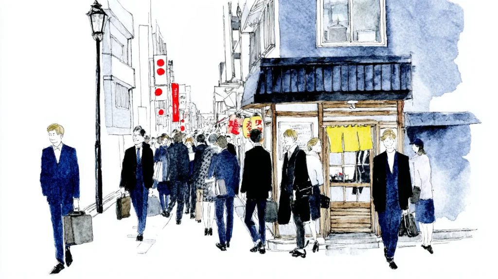 夜の東京の飲み屋街を歩くスーツ姿の人々とスナックの店