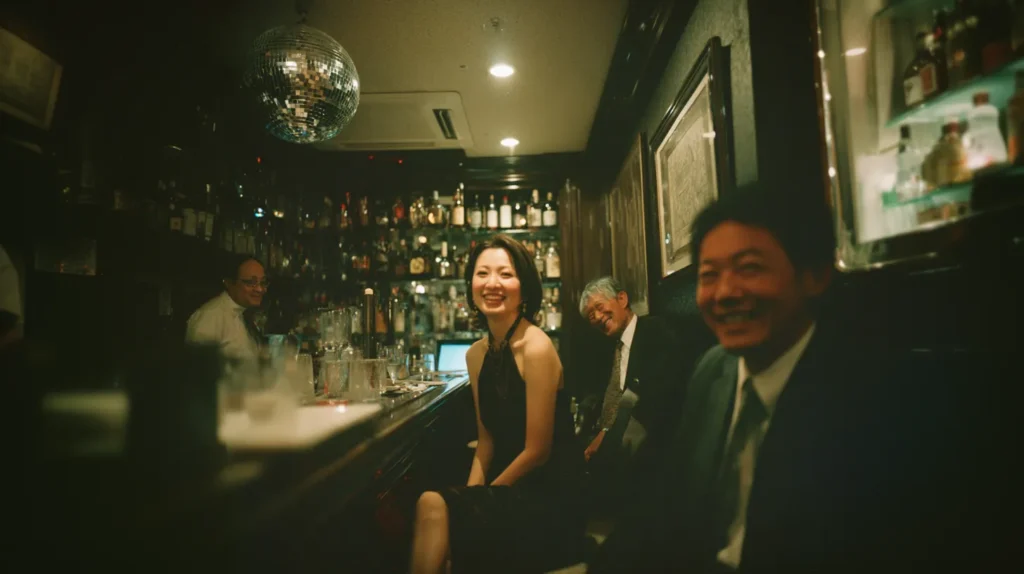 東京のスナックで笑顔で過ごす女性スタッフと男性客の店内風景