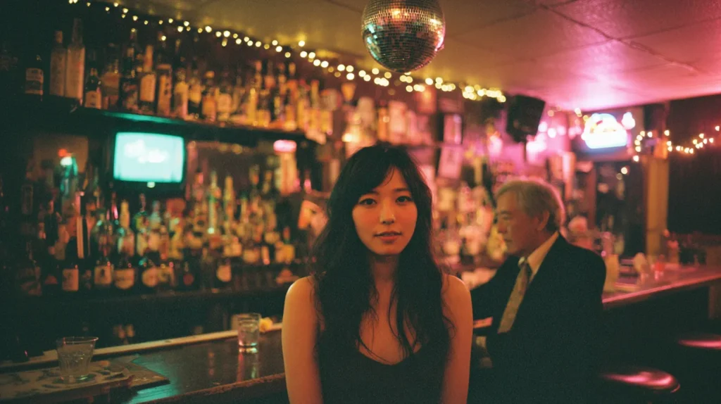 ミラーボールが光る東京のスナックで、女性がカウンター越しに座る夜の雰囲気ある店内