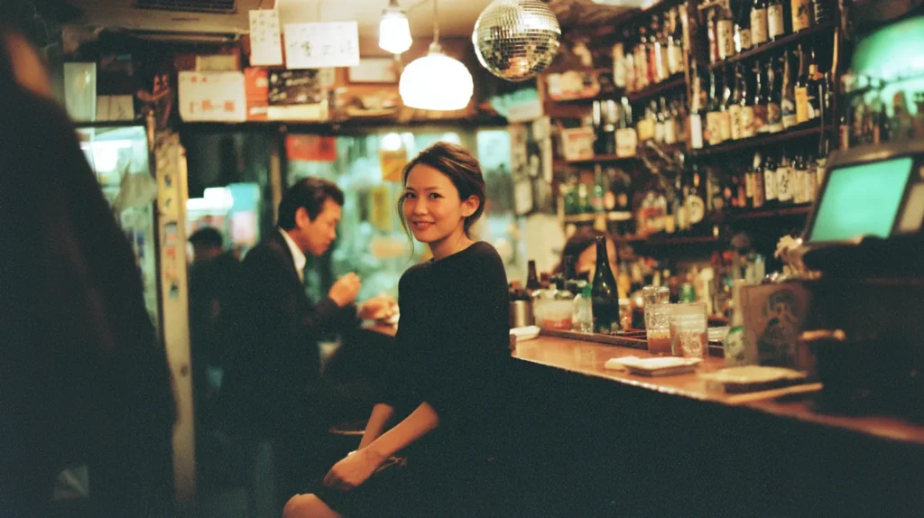 東京のスナックのカウンターに座る女性と背後の男性客を写したフィルム調の夜の店内写真