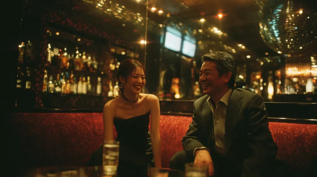 高級感のあるキャバクラ店内で談笑する女性キャストと男性客