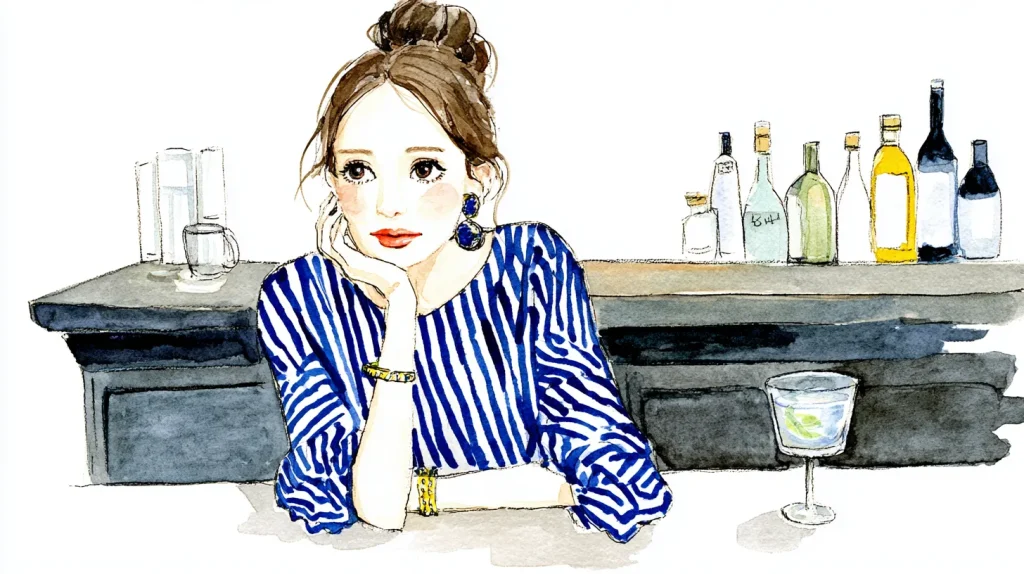 女性が一人でスナックのカウンターでお酒を飲んでいるイラスト