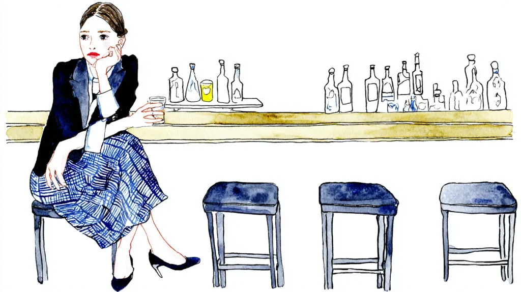 バーのカウンターで一人静かにお酒を飲む女性の水彩イラスト