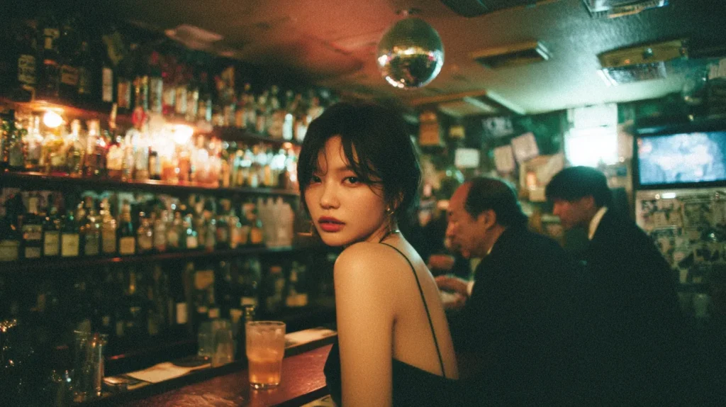 女性が一人でスナックのカウンターで飲んでいる店内の雰囲気