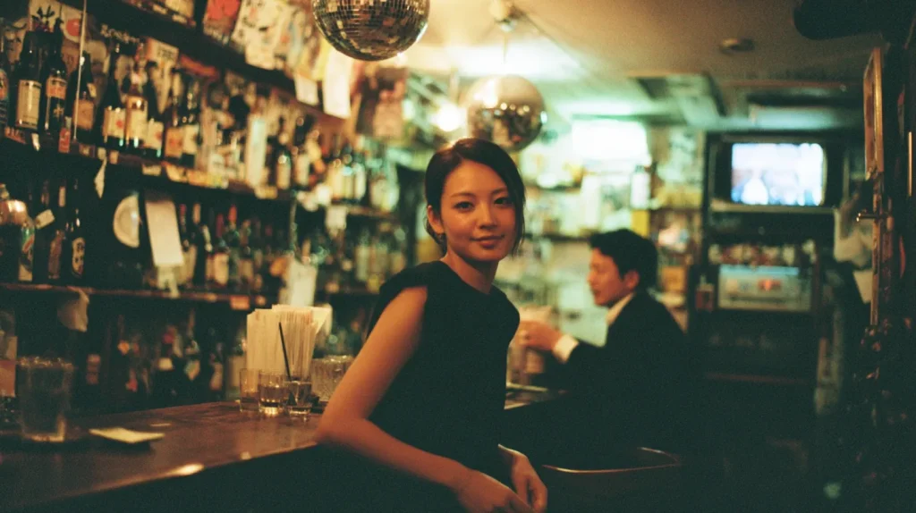 女性が一人でスナックのカウンターに座ってお酒を飲んでいる様子