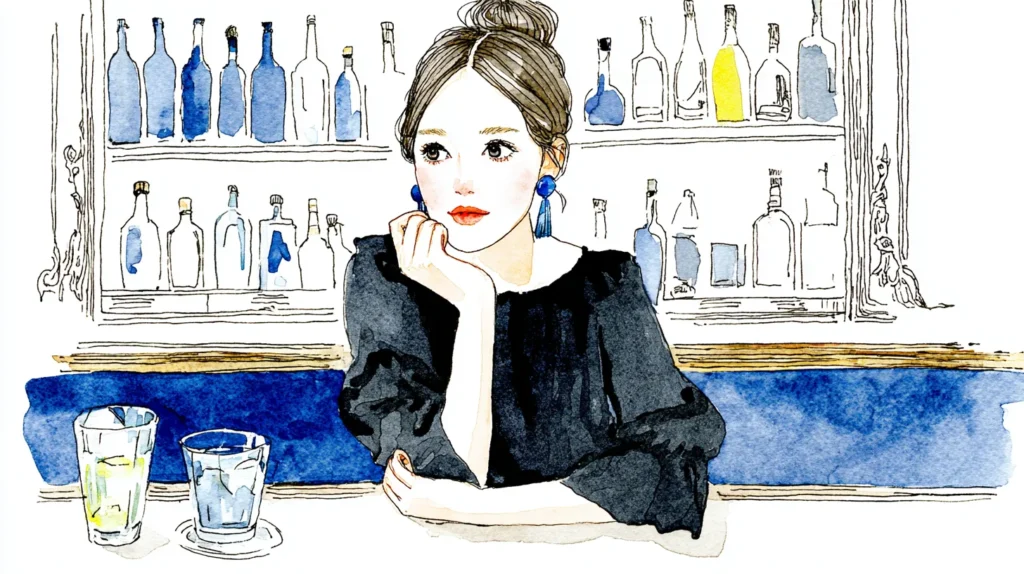スナックのカウンターでお酒を飲む女性のイラスト