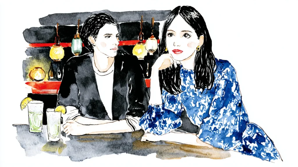 バーのカウンターでお酒を楽しむ女性二人のイラスト